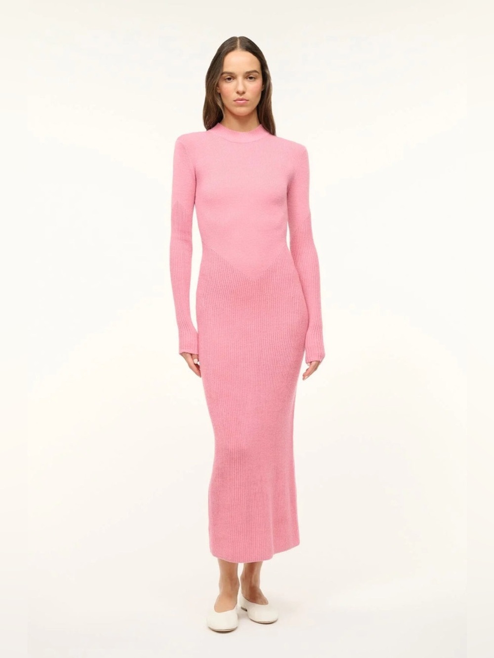 STAUD Ramona Dress Long Sleeve Fitted Midi Merino Knit Mock Neck Stretch Pink